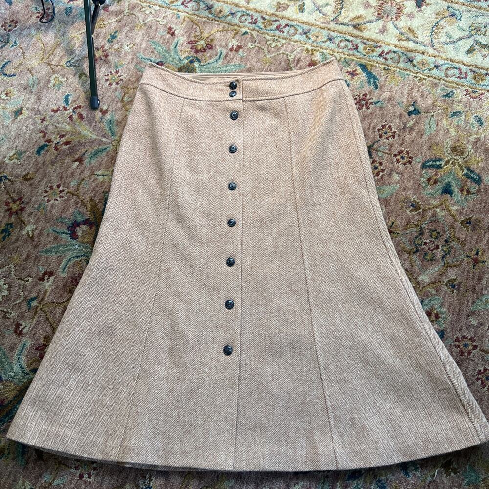 Vintage Talbots 100% Wool A-line Midi Button Front Skirt Brown Herringbone 6 - Picture 2 of 9